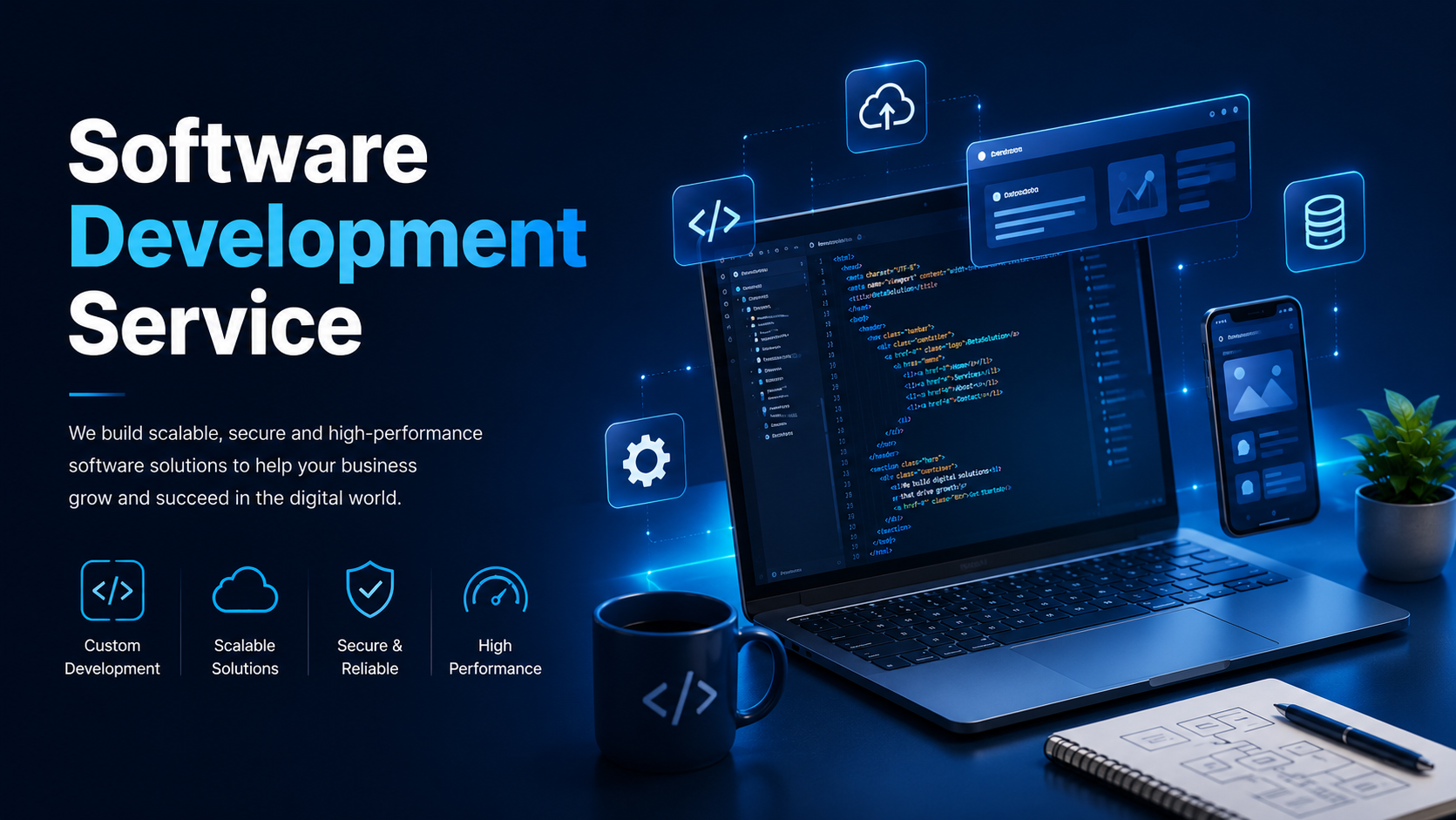 Software development service visual with code editor, cloud, database, and responsive app elements